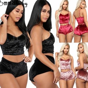 Moda Kobiety Sexy Aksamitne Zestawy Piżamy Panie Koronki V-Neck Crop Tops Szorty 2 Sztuk Bielizna Bielizna Piżama Zestawy Rra3680