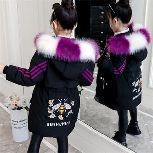 New Brand Hooded Winter Jacket for girls clothing cartoon bee Parka for Teenagers girl Thick Long faux fur Coat Kids Clothes -30 LJ201017