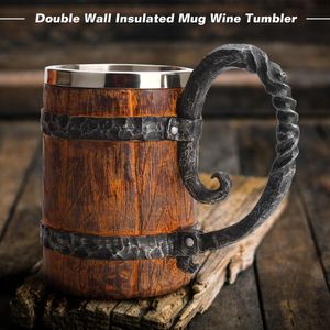 Simulation Wood Style Beer Mug as Christmas Gift Big Drinking Mug Barrel Beer Cup Double Wall Metal Insulated