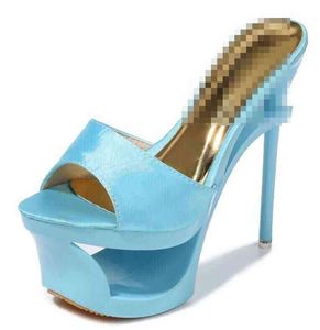 Sandały damskie Blue Satin Studded Floral Wodoodporna platforma Specjalna Ultra-Heel