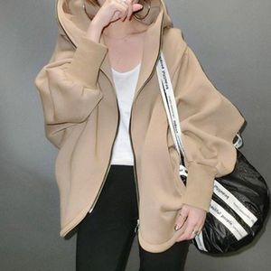 Primavera Casual Overcoat Mulheres Harajuku Hoodies Casaco Zip Up Outerwear Casaco com Capuz Plus Size Outwear Tops Simples Brown 201023