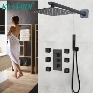 KEMAIDI Matte Black Wall Mounted Square Bathroom Thermostatic Rainfall Shower Faucet Set Solid Brass Rainfall LED Shower Head LJ201211