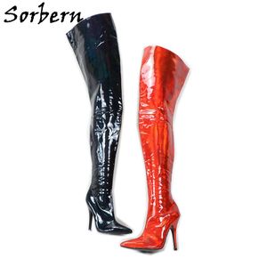 Sorbern Holo Kraliyet Mavi Çizmeler Kadın Kasık Uyluk Yüksek 12 cm 18 cm Stilettos Sert Mil Unisex Fetiş Sürükle Kraliçe Boot Slim Fit