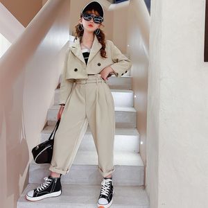 Girls Blazer костюмы одежды наборы одежды весна осень детские куртки брюки с поясом мода свободно формальные подростковые повседневные наряды 20220108 H1