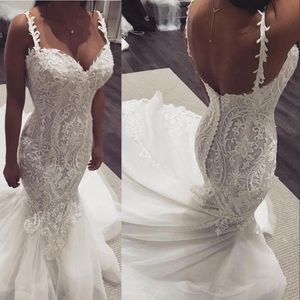 2021 New Sexy Mermaid Wedding Dresses Spaghetti Straps Lace Appliques Beads Illusion Long Tulle Open Back Court Train Formal Bridal Gowns