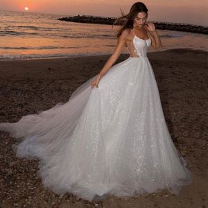 Sparkly Sequined Backless Wedding Dresses Spaghetti Straps Neck A Line Appliqued Bridal Gowns Tulle Court Train Robe De Marie 415