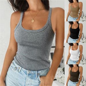 T-shirt basic sexy da donna senza maniche in maglia estiva con scollo a O, canotta bianca a coste con spalle scoperte, tinta unita comoda e casual