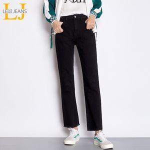 Leijijeans جديد الخريف عارضة عالية الخصر الجينز زائد الحجم l الكلاسيكية الدينيم كامل طول فضفاض مستقيم الجينز الأسود النساء الجينز 201029