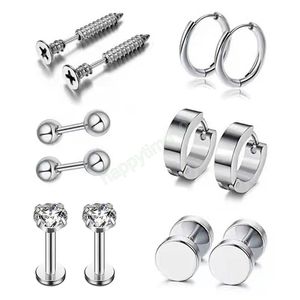 6 Pairs Stud Earring Hoop Stainless Steel Silver Color Labret Ear Piercing Cartilage Screw Tragus Helix Punk Men Women Jewelry