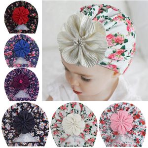 New Infant Kids Fold Flower con cappelli di perle Neonato Stampa elastica Turbante Beanie Cappelli Accessori per neonati Regali Puntelli per foto