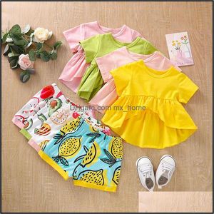 Klädsuppsättningar Baby Kids Baby, Maternity Girls Outfits Spädbarn Toddler Toppar + Citron Avokado Stberry Donut Fruit Print Shorts 2pcs / Set Fashion