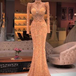 2022 Snygg Beading Aftonklänning Långärmade Sheer Sequined Prom Gowns Runway Slim Fashion Second Reception Dresses