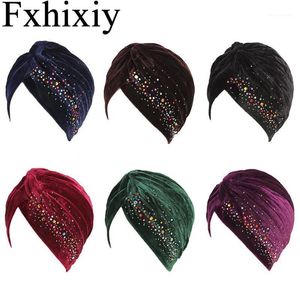 Beanie/Skull Caps Muslim Women Drill Rhinestone Cotton Velvet Ruffle Turban Hat Chemotherapy Cancer Chemo Headwrap Hijab Hair Accessories1