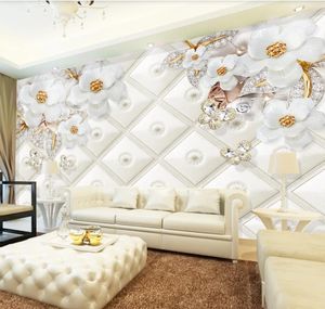 Anpassad tapet 3D väggmålning papel de parede präglade vita juveler blommor diamanter lämnar 3D väggmålning bakgrund väggpapper