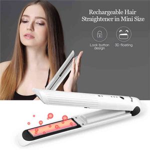 Portable Cordless Hair Straightener Mini Size Curler Hair Flat Iron Plates Adjustable Temperature USB Rechargeable Curling Wand 211224