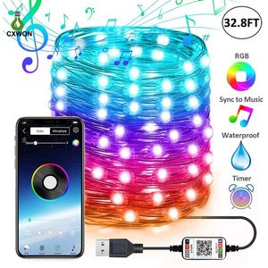 Strängljus 20/50 / 100 / 200sluts Bluetooth Musik Synkronisering Sliver Wire Party Christmas Fairy Decor String Light