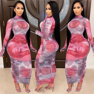 Women night club wear sexy sheer dress dollars print miniskirt long sleeve skinny one-piece dress fashion package hip skirt clubs suit 4271