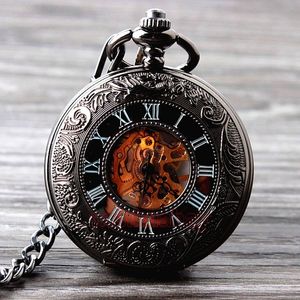 Retro Hand Wind Mechanical Pocket Watch With Fob Chain Mens Hollow Skeleton Dial Black Steel Fashion Quartz Pocket Watch Gifts T200502