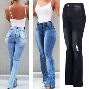 Damen-Jeans, sexy, schmal, schlankmachend, zerrissene Schlaghose