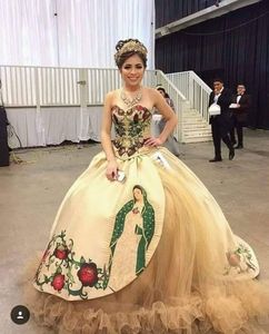 2022 Vestido Padrão Estampado Bordado Quinceanera Champanhe Frisado Sem Alças Renda Cetim Vestido Sweet 15 Charro Mexico Tema Vestidos de Baile