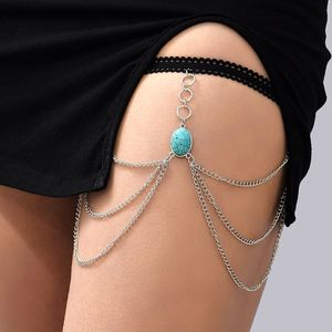 Female Vintage Green Stone Leg Chain For Women Body Jewelry Ladies Round Circle Silver Color Metal Multilayer Thigh Chain Gifts