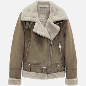 Winter Fleece Tjock Kvinnors Jacka Retro Suede Lambs Ull Varm Moto Biker Coat Belt Fickor Zipper Faux Läder Kvinna Jackor 210201