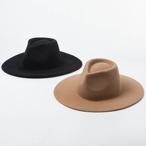Luksusowe szerokie rondo Porkpie kapelusz Fedora wielbłąd czarny 100% wełniane czapki mężczyźni kobiety zgniatana czapka zimowa Derby ślub kościelny Jazz kapelusze Y200110