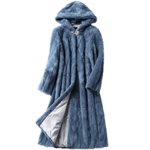 Luxury Genuine Sliced Mink Fur Coat Jacket With Hoody Winter Genuine Women Fur X-Long Outerwear Plus Size 3XL LF5169 T200114