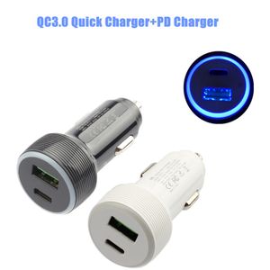 Caricabatteria da auto USB PD Quick Charge QC 3.0 18W 36W Ricarica rapida Type-c USB-C ad alta velocità QC3.0 LED Light Up Auto Power Mini Adattatore per Samsung iPhone 12 13 14 Pro Max