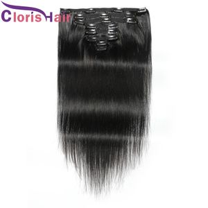 Clip diritta serica spessa nelle estensioni 8 pz / set 120g Clip di capelli umani vergini brasiliani senza soluzione di continuità sul tessuto 1B Testa completa Nero naturale