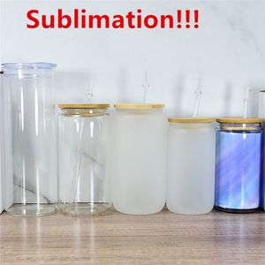 16oz Sublimation glass can Beer Can Glass Tumbler Drinking Glasses Beer Glasses With Bamboo Lid And Reusable Straw
