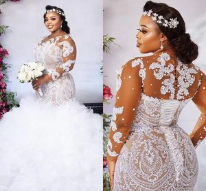 Meerjungfrau Hochzeitskleid 2023 Sexy African Dubai Jewel Neck Rüschen Schnürung hinten Spitze Applikation Tüll Brautkleider Plus Size Illusion Langarm Robe De Mariee