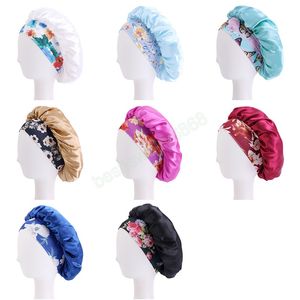 Elastische Breite Band Haar Satin Motorhaube Frauen Nacht Schlafen Kappe Floral Print Kopf Abdeckung Kopf Wrap Dame Haar Zubehör