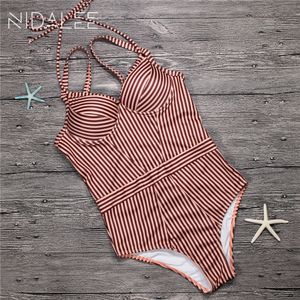 Badebekleidung Frauen einteiliger Badeanzug 2020 Sommer Nette Gestreifte Bikini Top Swim Wear Backless Sexy Schwimmstrand Badeanzug T200708