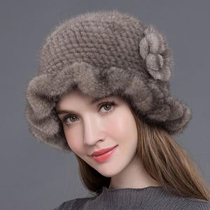 Großhandels-NH Pelzmützen für Frauen gestrickte natürliche Fedoras dick warm im Winter Mützen Mode Caps mit Blumen Neuankömmling MZW012