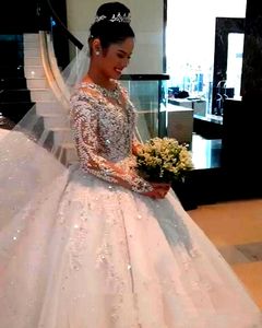 Luxury Crystals Wedding Dress 2022 Sparkly Beads Lace Long Sleeve Chapel Train Ball Gown Wedding Dresses Bridal Gowns Vestido de Noiva