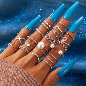 19Pcs Set Vintage Imitate Pearl Opening Adjustable Ring for Women Fashion Gold Silver Color Link Chain Finger Rings