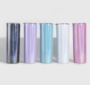 20oz Slim Rainbow Glitter Tumbler Straight Cup Stainless Steel Vacuum Insulated Coffee Cups Double Wall Botter Travel Mug With Splash Proof lids & Straws