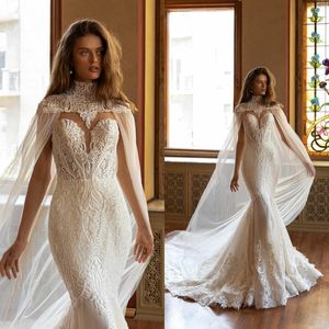 2020 Lace Mermaid Wedding Dresses with Cape Tulle Sweep Train Beaded Arabic Dubai Glamous Bridal Gowns Plus Size