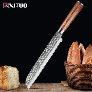 XITUO 8 '' inç Tırtıklı Ekmek Bıçağı Şam Çelik Pakkawood Kolu Mutfak Bıçakları Jilet Keskin Peynir Kek Bıçak Pişirme Araçları