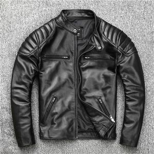 Kostenloser Versand. Biker warmer Herren-Ledermantel, hochwertige Rindslederjacke, schwarze echte Lederkleidung. Homme schlanke Lederkleidung 201119