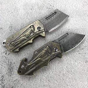 Grasshopper Damascus Pocket Knife Damascus steel blade brass carved handle, outdoor survival boutique pocket knife