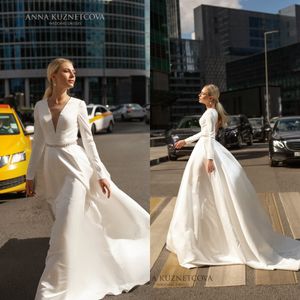 Kuznetcova Anna Satin Wedding Dresses With Beaded Sash V Neck Long Sleeve Reception Sweep Train Bridal Gowns