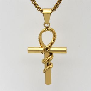 Rostfritt stål Religiösa Guld Silver Mäns Agypt Ancient Egyptiska Spolade Snake Ankh Chain Pendant Smycken