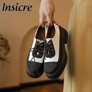Dress Shoes Insicre 2022 Women Casual Patchwork Pumps Round Toe All-Match Platform Thick Bottom Lace Up Mixed Color Breathable
