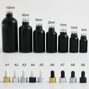 20 X shinny Black Glass Empty Essential Oil Parfum e Liquid Pipette Dropper Bottle 10 15 30 50 100 ml gold black silver cap