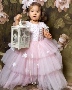 Różowe Perły 2020 Kwiat Girl Sukienki Suknia Piłka Ręcznie Made Flowers Little Girl Wedding Suknie Vintage Communion Pageant Suknie Suknie