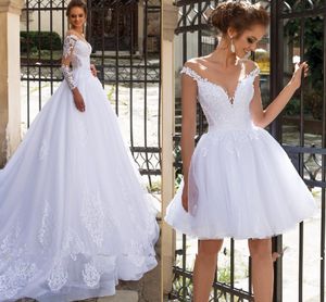 Liten vit klänning 2021 långärmad bröllopsklänningar med avtagbart tåg 2 i 1 strand spets-up back brudklänningar vestido de noiva