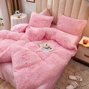 冬冬暖かい豪華な羽毛布団のカバーピンクのロマンチックな王女ミンクベルベット ふわふわフランネルキルトカバー高級寝具セットキングサイズW220225