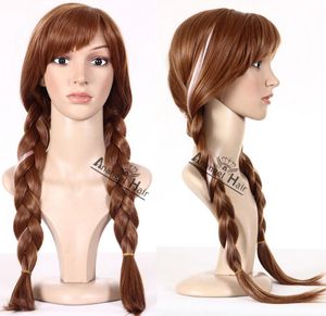 Movie Hair Anna Cosplay Wig Synthetic Brown Long Braided Princess Costume+Cap